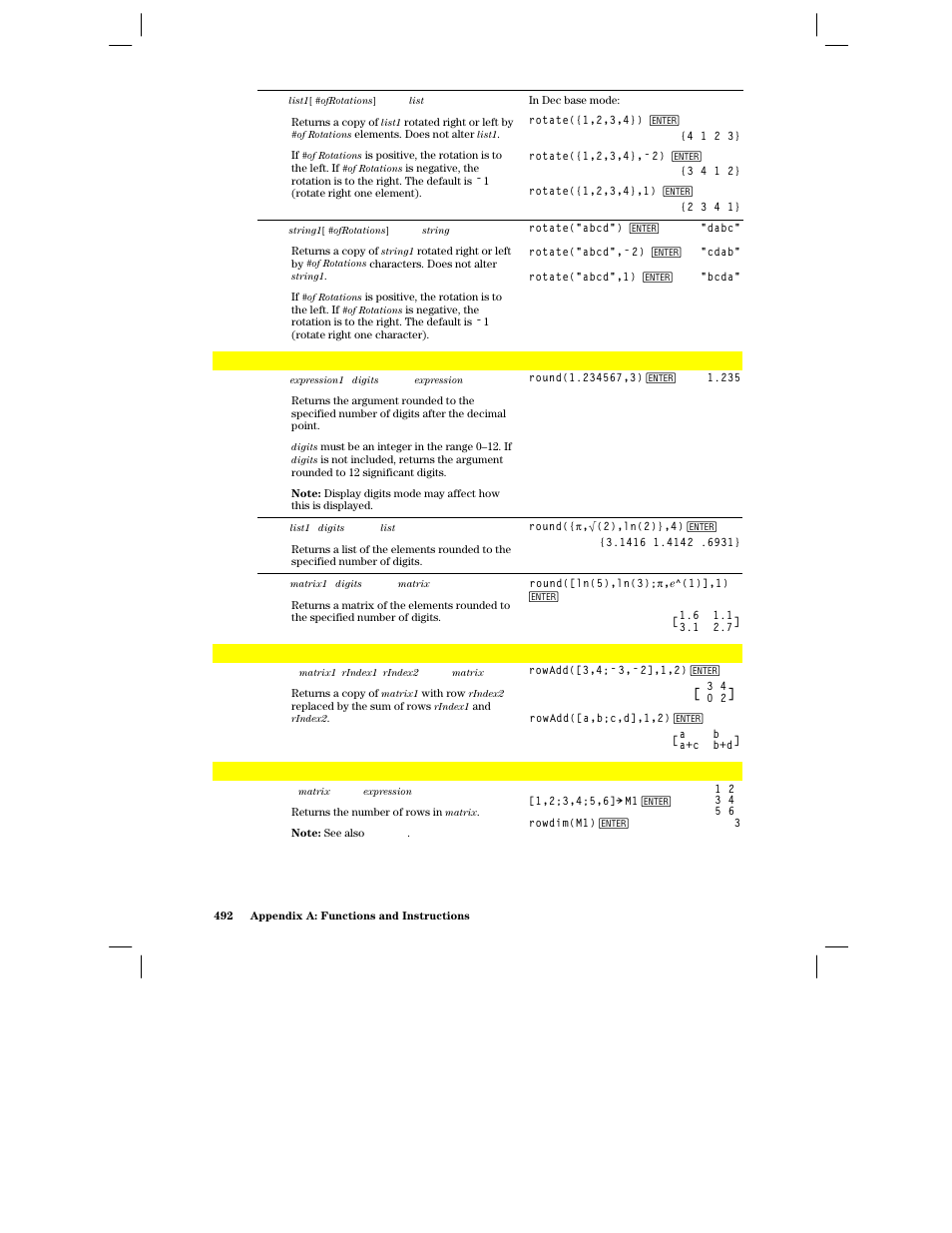 Round(), Rowadd(), Rowdim() | Texas Instruments PLUS TI-89 User Manual | Page 509 / 623