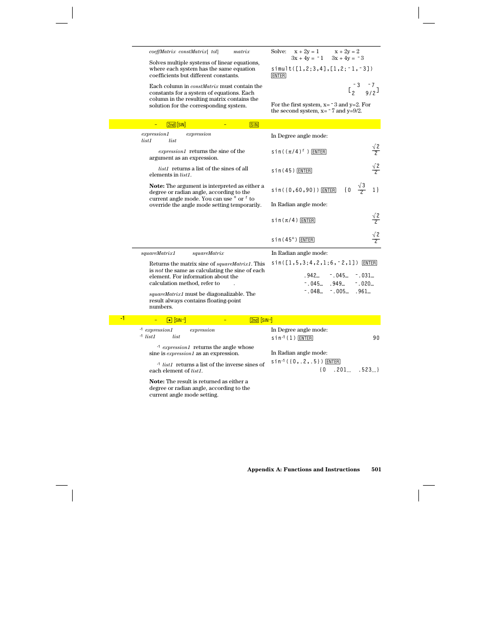 Sin(), Sin ê () | Texas Instruments PLUS TI-89 User Manual | Page 518 / 623