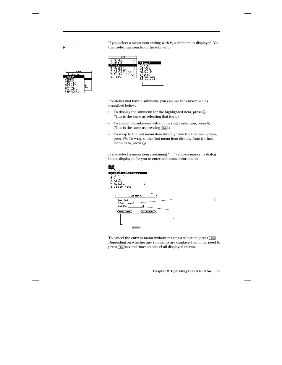 Items ending with > (submenus), Items containing “. . .” (dialog boxes), Canceling a menu | Texas Instruments PLUS TI-89 User Manual | Page 52 / 623