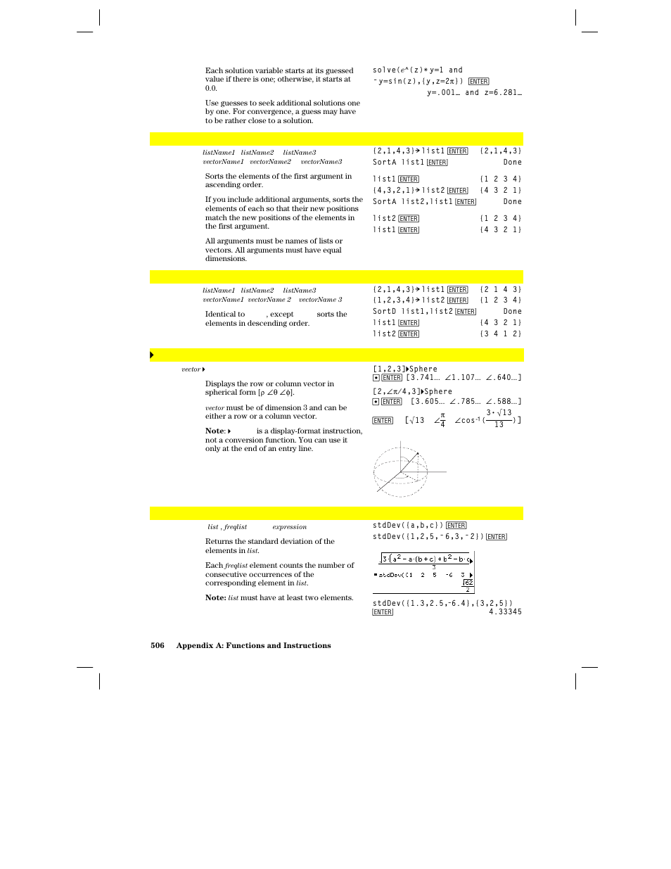 Sorta, Sortd, 4sphere | Stddev() | Texas Instruments PLUS TI-89 User Manual | Page 523 / 623