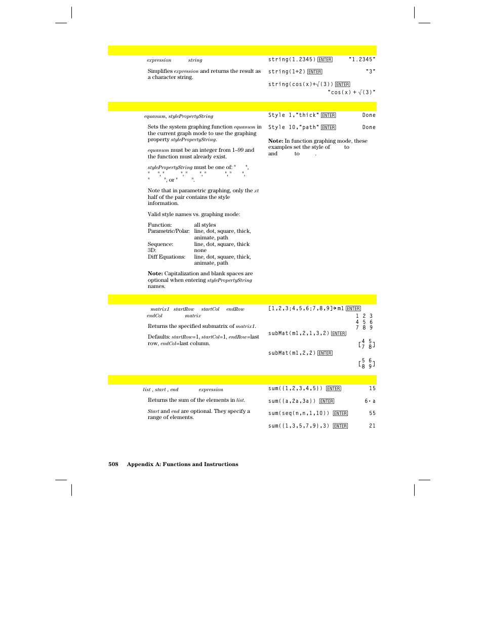 String(), Style, Submat() | Sum() | Texas Instruments PLUS TI-89 User Manual | Page 525 / 623