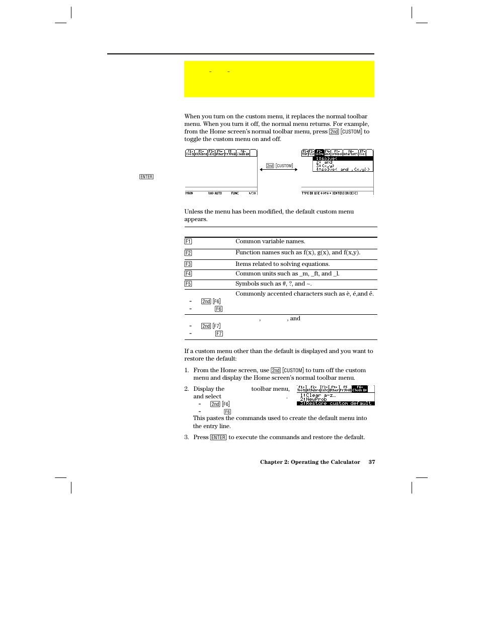 Using the custom menu, Turning the custom menu on and off, Restoring the default custom menu | Texas Instruments PLUS TI-89 User Manual | Page 54 / 623