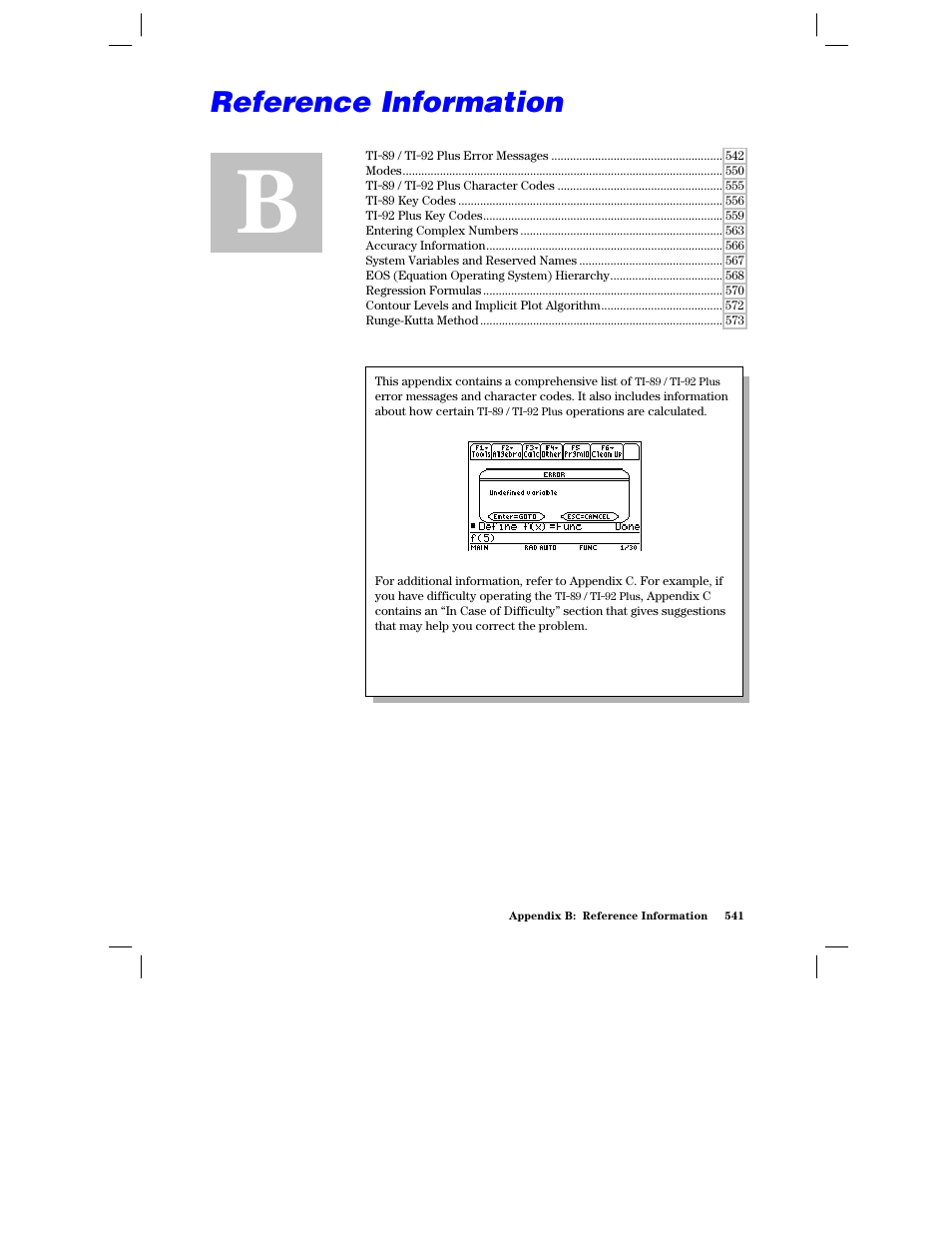 Appendix b: reference information | Texas Instruments PLUS TI-89 User Manual | Page 558 / 623