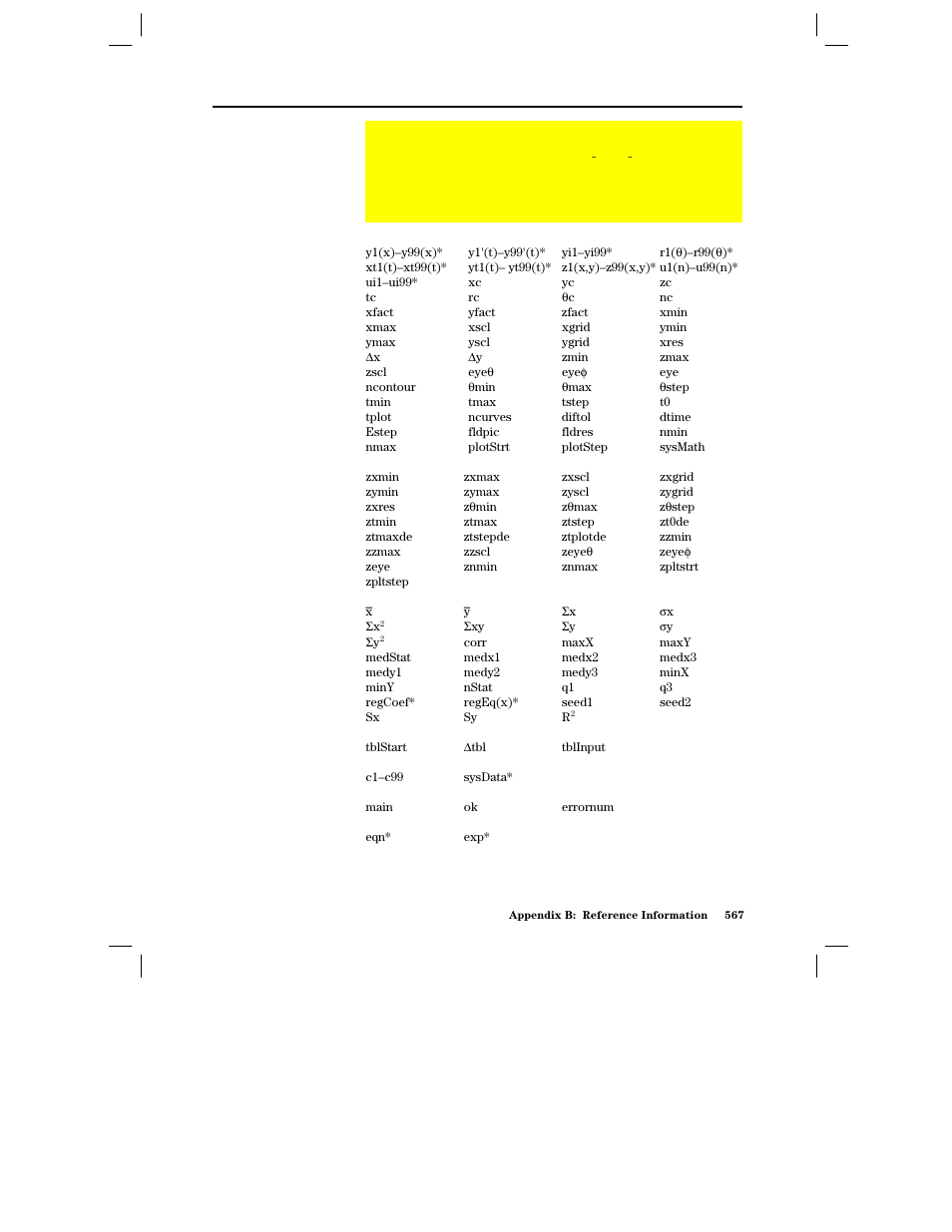 System variables and reserved names, Graph, Graph zoom | Statistics, Table, Data/matrix, Miscellaneous, Solver | Texas Instruments PLUS TI-89 User Manual | Page 584 / 623