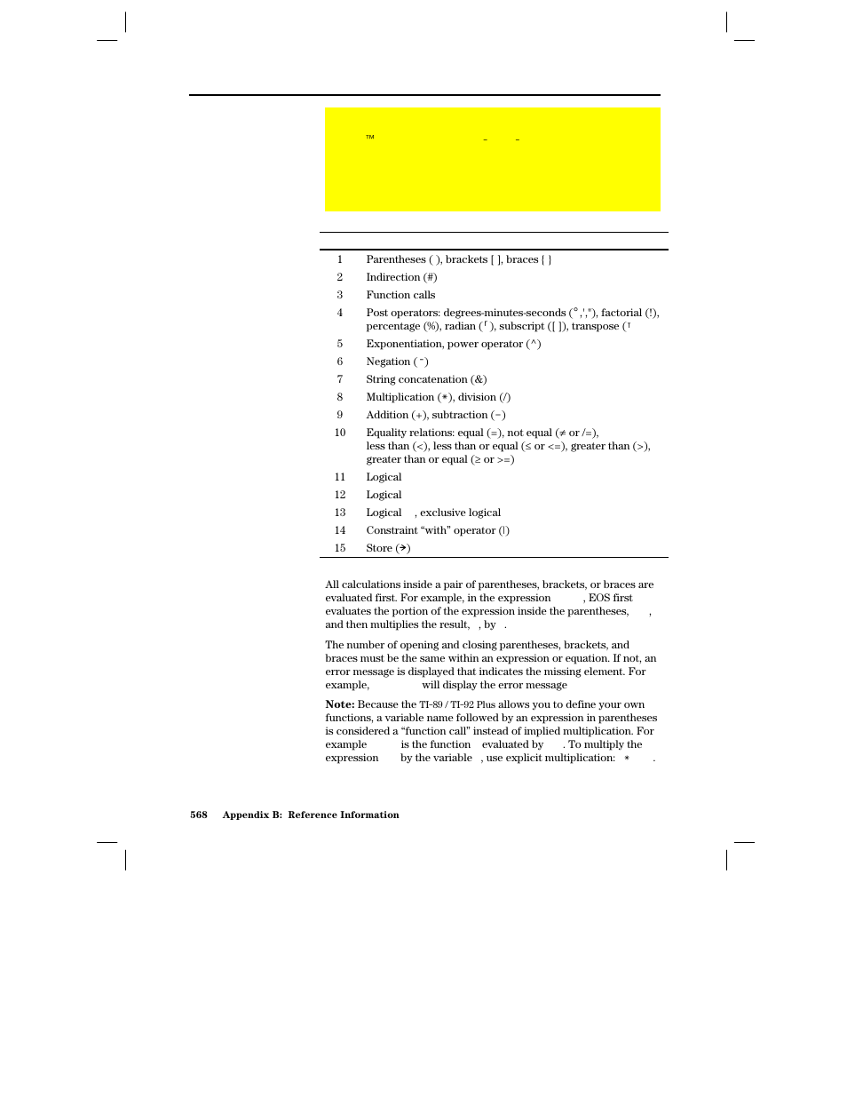 Eos (equation operating system) hierarchy, Order of evaluation, Parentheses, brackets, and braces | Texas Instruments PLUS TI-89 User Manual | Page 585 / 623