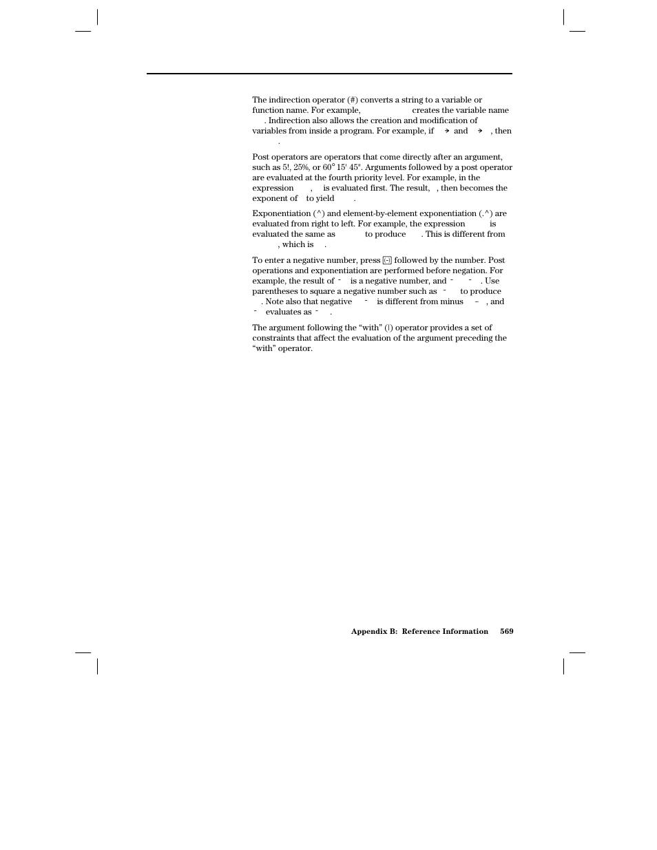 Indirection, Post operators, Exponentiation | Negation, Constraint (|) | Texas Instruments PLUS TI-89 User Manual | Page 586 / 623