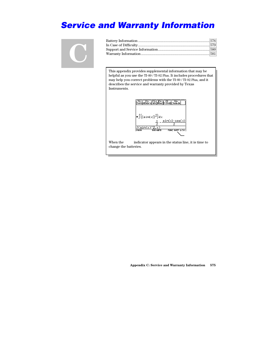 Appendix c: service and warranty information | Texas Instruments PLUS TI-89 User Manual | Page 592 / 623