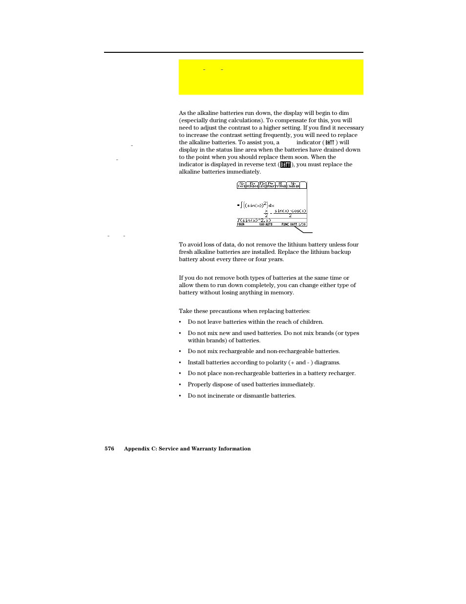 Battery information, When to replace the batteries, Effects of replacing the batteries | Battery precautions | Texas Instruments PLUS TI-89 User Manual | Page 593 / 623