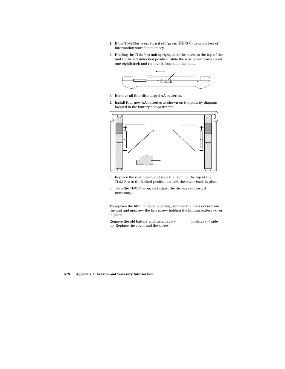 Replacing the lithium battery in the ti- 92 plus | Texas Instruments PLUS TI-89 User Manual | Page 595 / 623