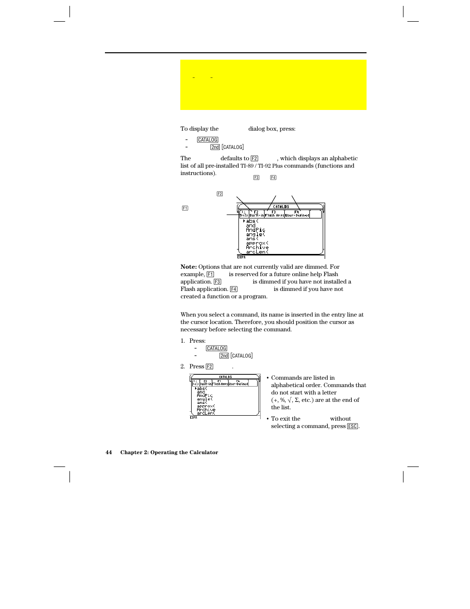 Using the catalog dialog box, Displaying the catalog, Selecting a built-in command from the catalog | Texas Instruments PLUS TI-89 User Manual | Page 61 / 623