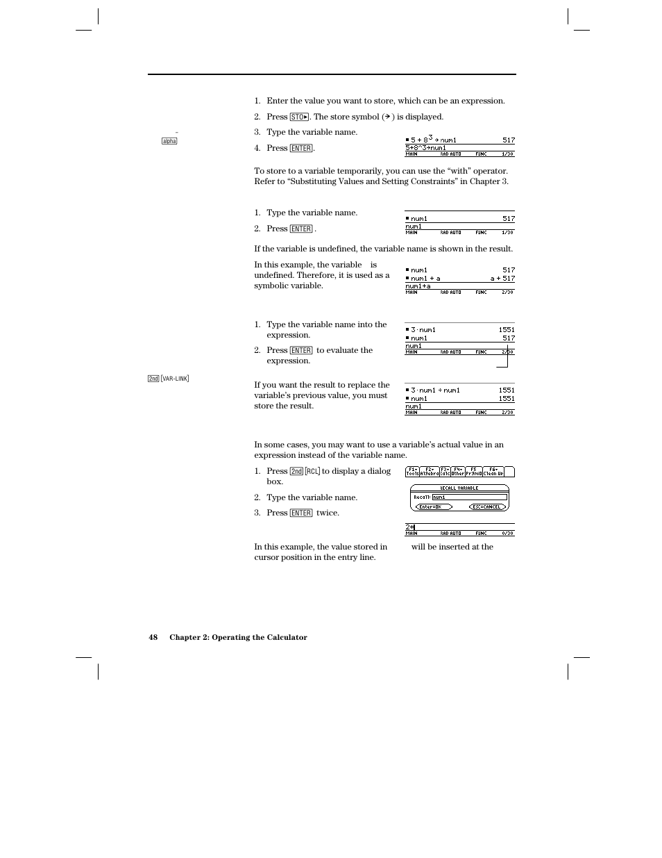 Storing a value in a variable, Displaying a variable, Using a variable in an expression | Recalling a variable’s value | Texas Instruments PLUS TI-89 User Manual | Page 65 / 623