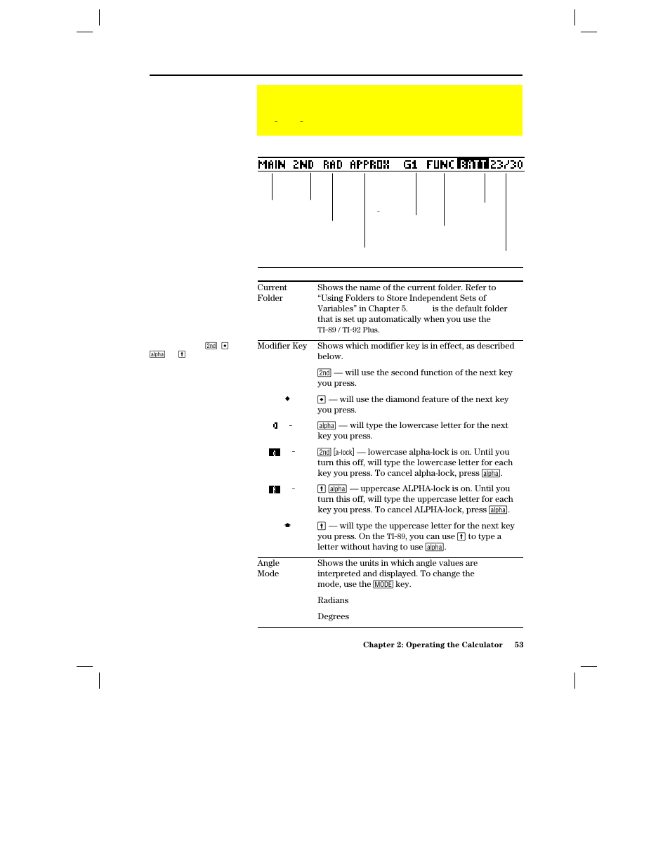 Status line indicators in the display, Status line indicators | Texas Instruments PLUS TI-89 User Manual | Page 70 / 623