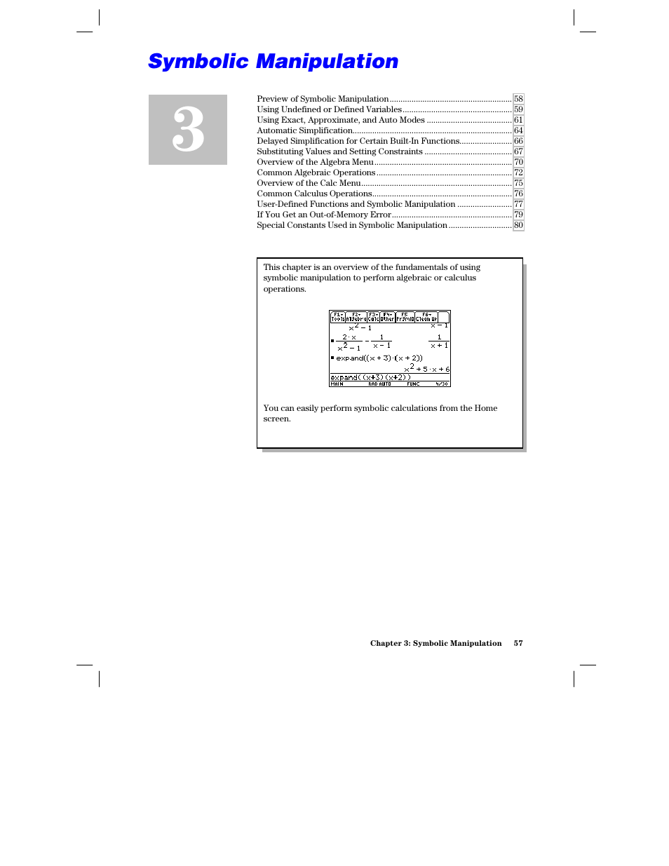 Chapter 3: symbolic manipulation | Texas Instruments PLUS TI-89 User Manual | Page 74 / 623