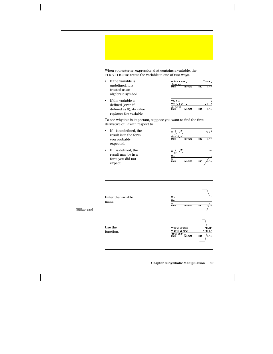 Using undefined or defined variables, How undefined and defined variables are treated, Determining if a variable is undefined | Texas Instruments PLUS TI-89 User Manual | Page 76 / 623