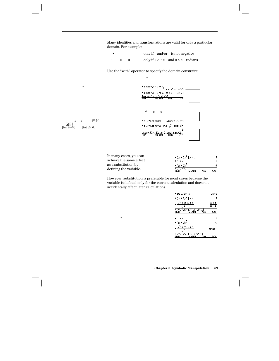 Specifying domain constraints, Using substitutions vs. defining a variable | Texas Instruments PLUS TI-89 User Manual | Page 86 / 623