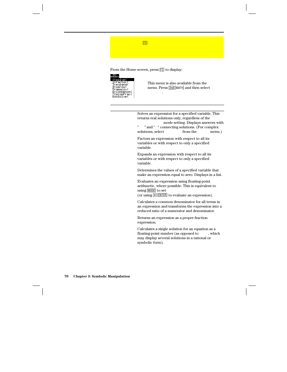 Overview of the algebra menu, The algebra menu | Texas Instruments PLUS TI-89 User Manual | Page 87 / 623