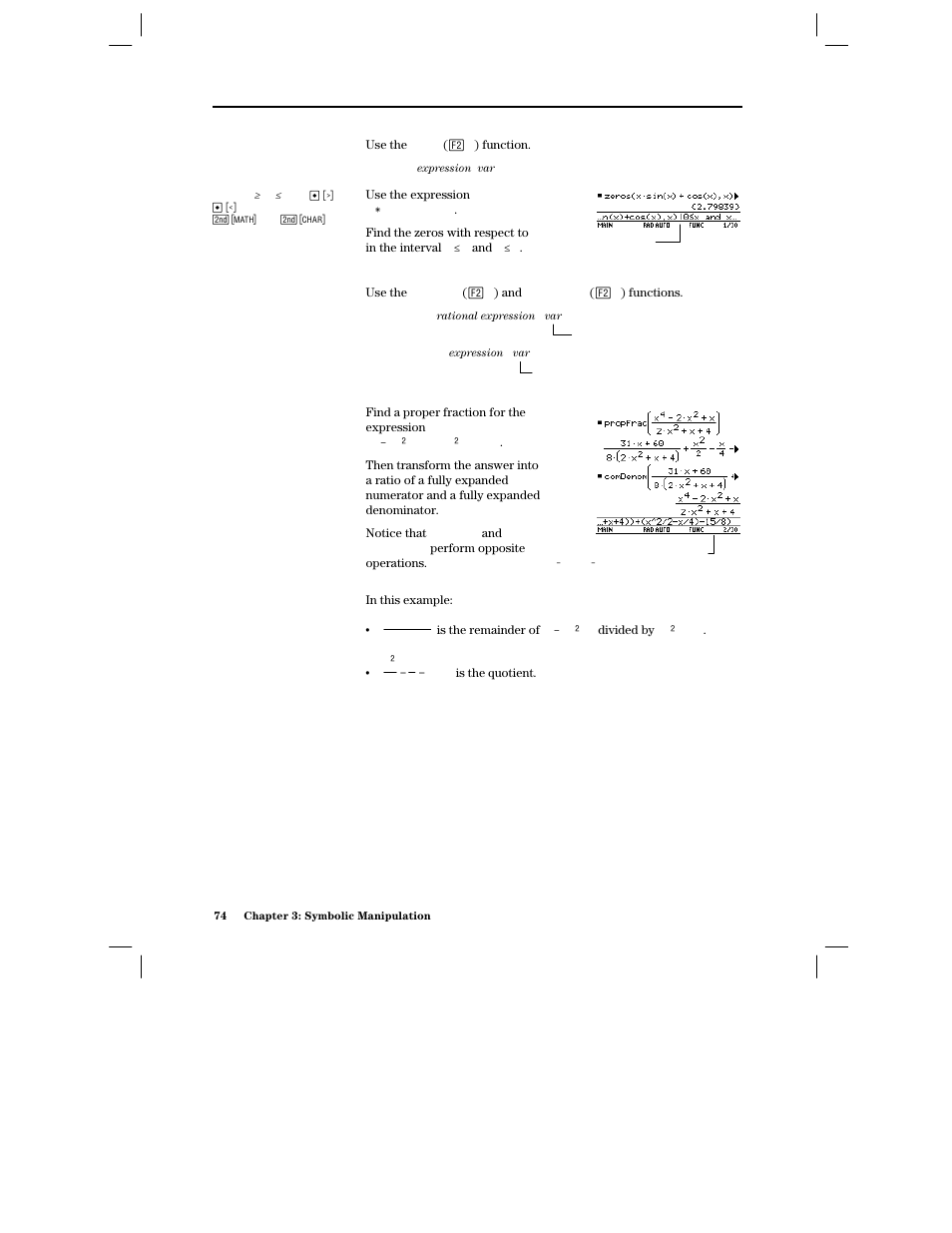 Finding the zeros of an expression, Finding proper fractions and common denominators | Texas Instruments PLUS TI-89 User Manual | Page 91 / 623