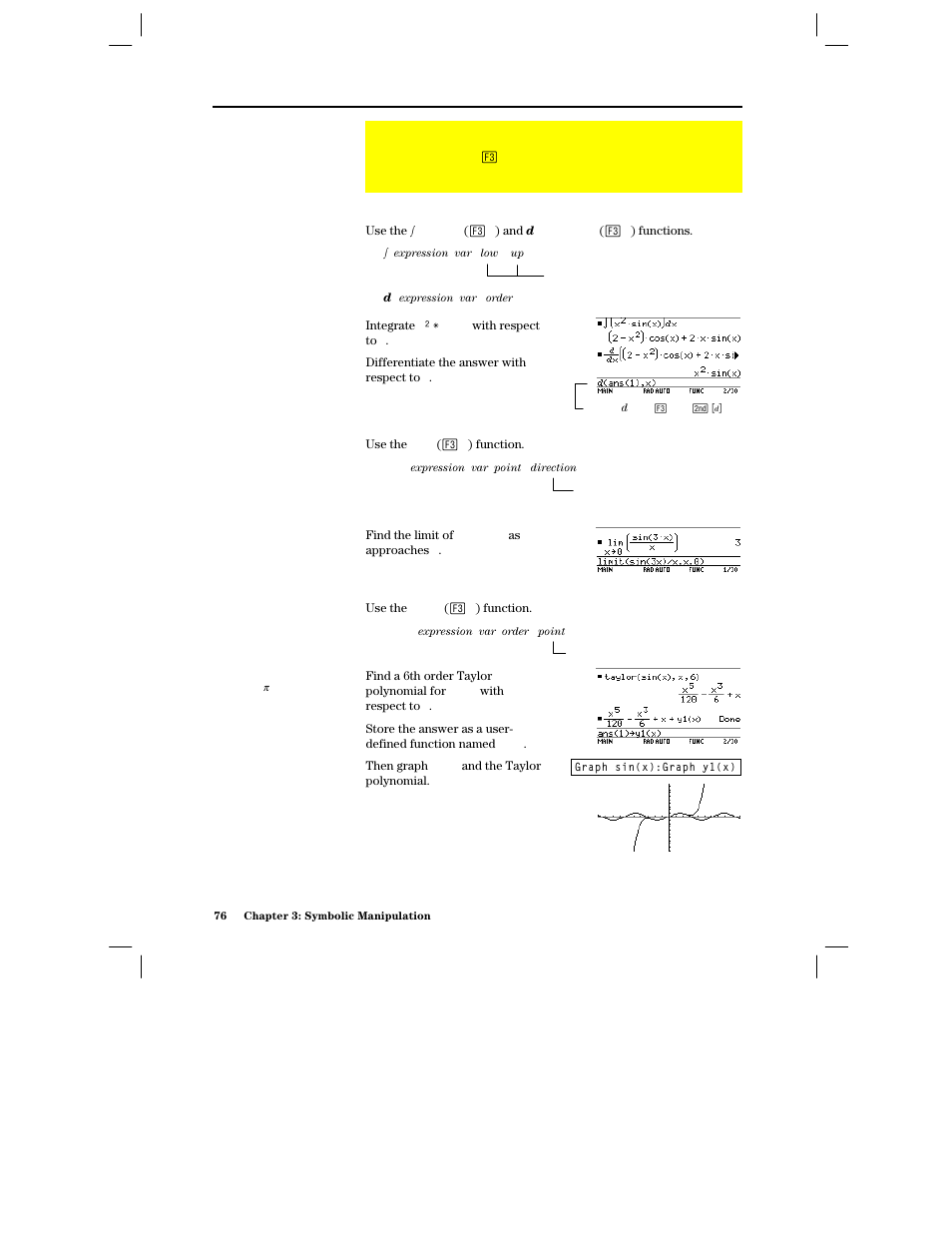 Common calculus operations, Integrating and differentiating, Finding a limit | Finding a taylor polynomial | Texas Instruments PLUS TI-89 User Manual | Page 93 / 623