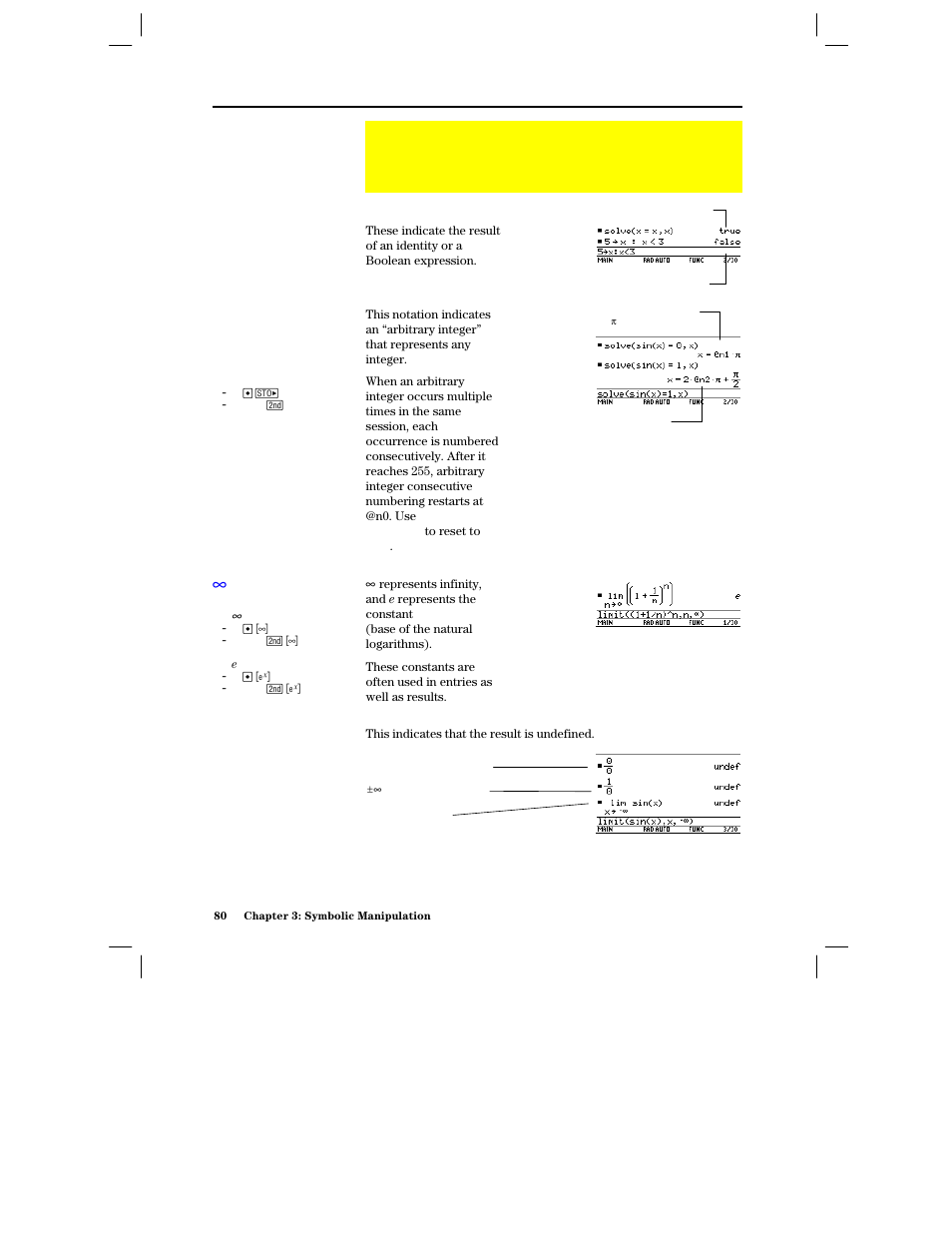 Special constants used in symbolic manipulation, True, false, N1...@n255 | Infinity, e, Undef | Texas Instruments PLUS TI-89 User Manual | Page 97 / 623