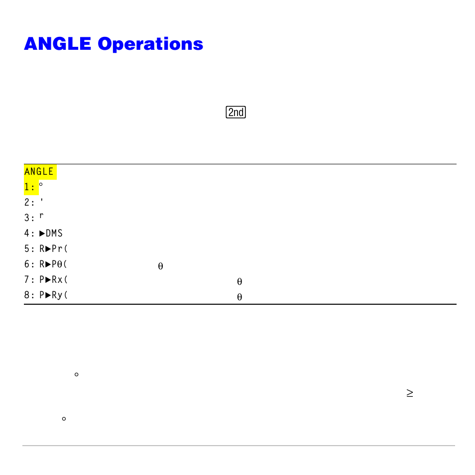 Angle operations, Angle menu, Entry notation | Texas Instruments TI-83 PLUS User Manual | Page 100 / 827
