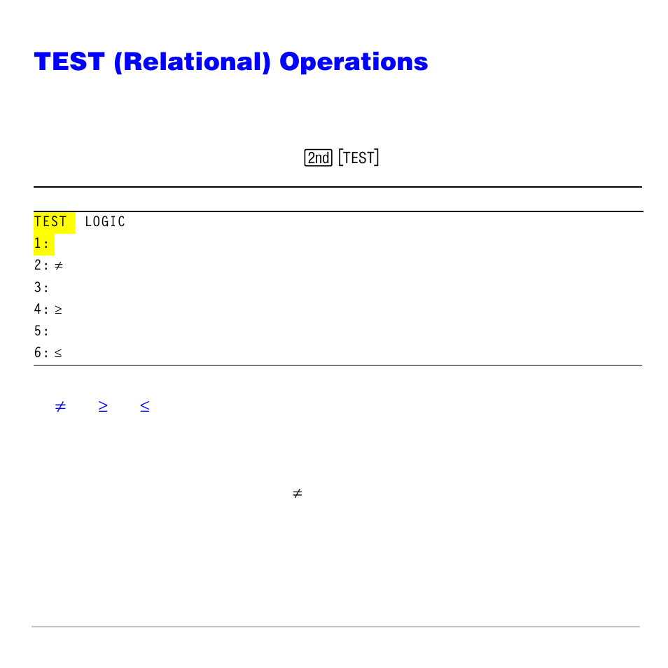 Test (relational) operations, Test menu, Not equal, >, gt =, <, lt | Texas Instruments TI-83 PLUS User Manual | Page 104 / 827