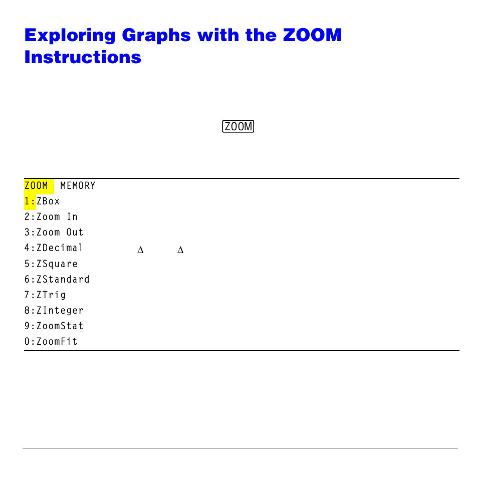 Exploring graphs with the zoom instructions, Zoom menu, Zoom menu to display the | Instructions are accessible from programs | Texas Instruments TI-83 PLUS User Manual | Page 141 / 827
