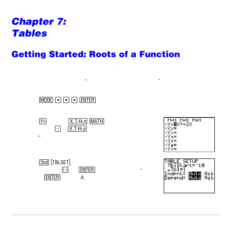 Chapter 7: tables, Getting started: roots of a function, Tables | Texas Instruments TI-83 PLUS User Manual | Page 206 / 827