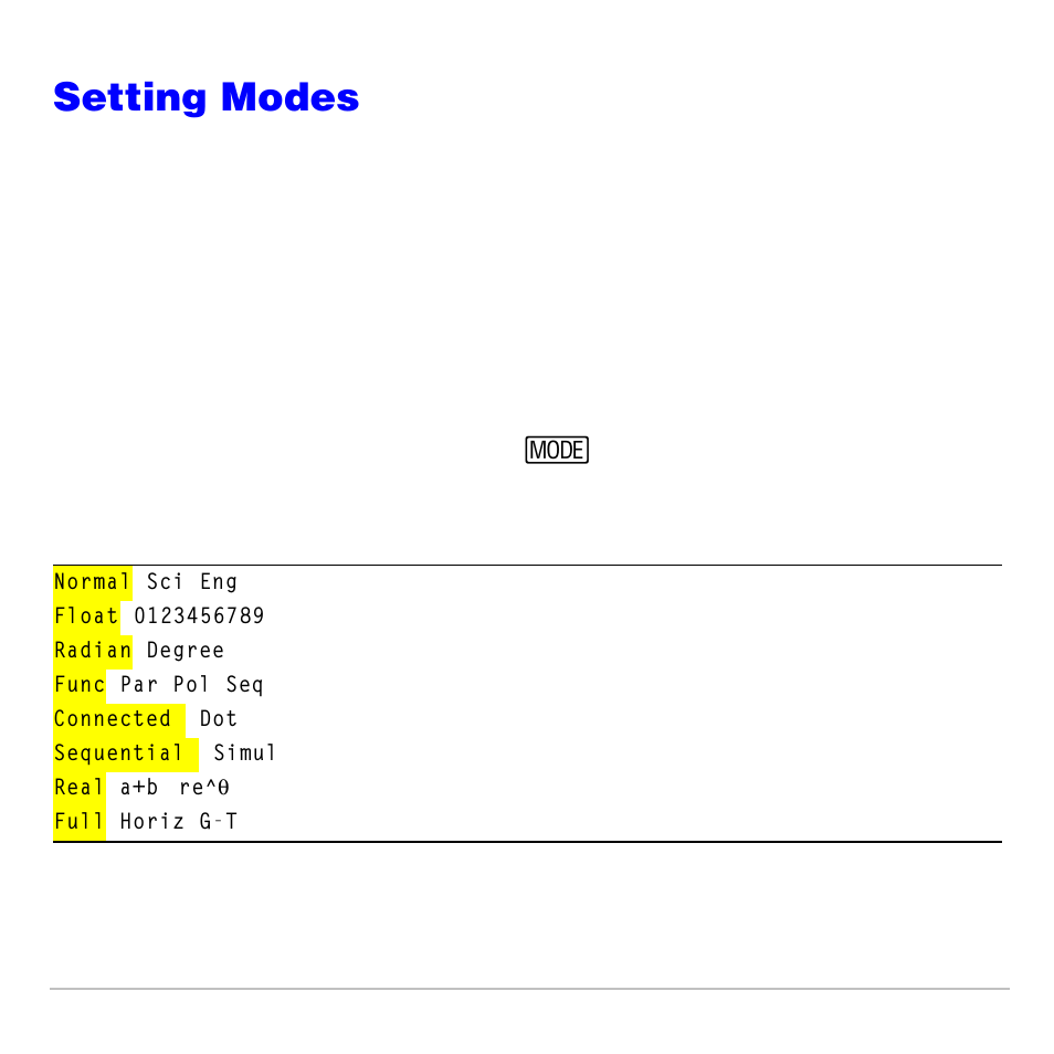 Setting modes, Checking mode settings, Modes | Texas Instruments TI-83 PLUS User Manual | Page 22 / 827