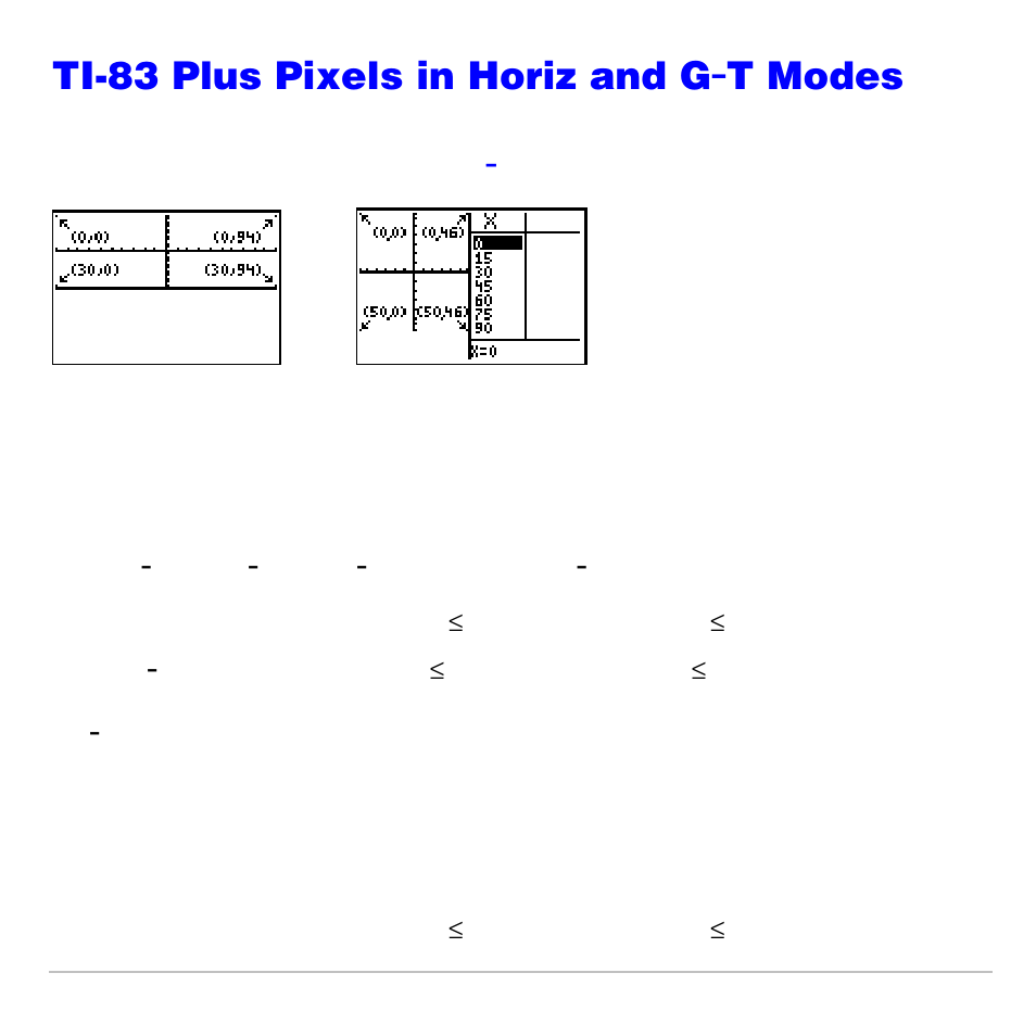 Ti-83 plus pixels in horiz and g-t modes, Draw points menu pixel instructions, Draw menu text( instruction | Ti-83 plus pixels in horiz and g .t modes | Texas Instruments TI-83 PLUS User Manual | Page 257 / 827