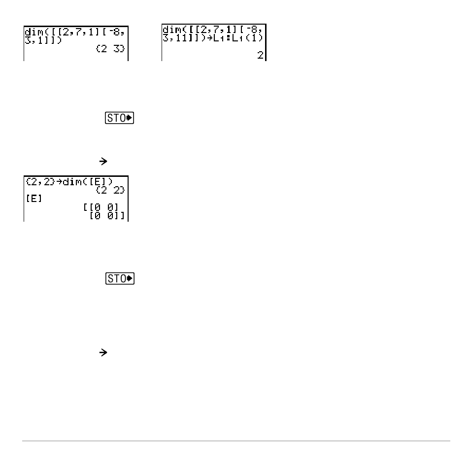 Creating a matrix with dim, Redimensioning a matrix with dim, Fill | Texas Instruments TI-83 PLUS User Manual | Page 279 / 827