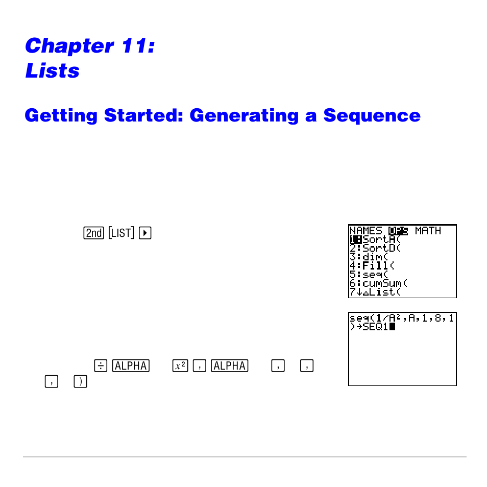 Chapter 11: lists, Getting started: generating a sequence, Lists | Texas Instruments TI-83 PLUS User Manual | Page 286 / 827