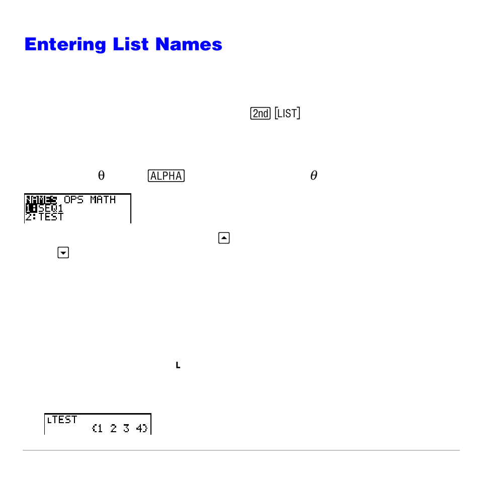 Entering list names, Using the list names menu | Texas Instruments TI-83 PLUS User Manual | Page 294 / 827