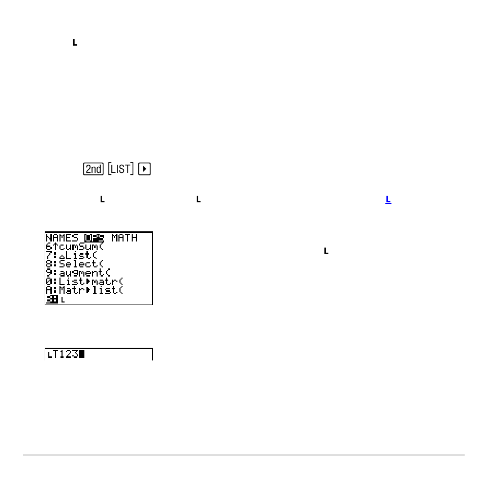Entering a user-created list name directly | Texas Instruments TI-83 PLUS User Manual | Page 295 / 827
