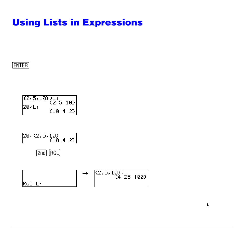 Using lists in expressions, Using a list in an expression | Texas Instruments TI-83 PLUS User Manual | Page 300 / 827