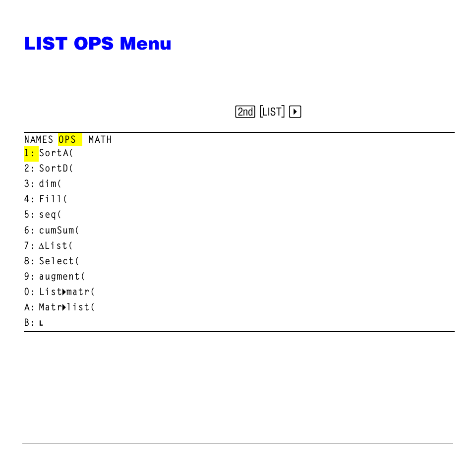 List ops menu, Sorta(, sortd | Texas Instruments TI-83 PLUS User Manual | Page 302 / 827