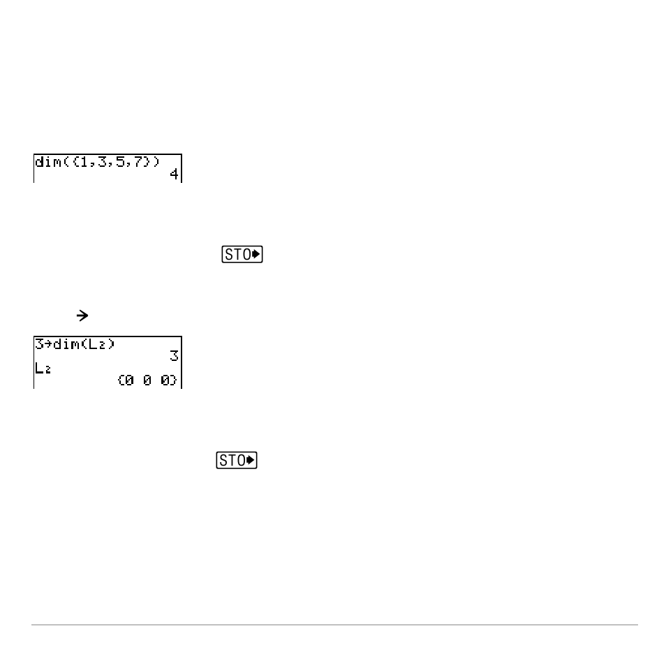 Using dim( to find list dimensions, Using dim( to create a list, Using dim( to redimension a list | Texas Instruments TI-83 PLUS User Manual | Page 304 / 827