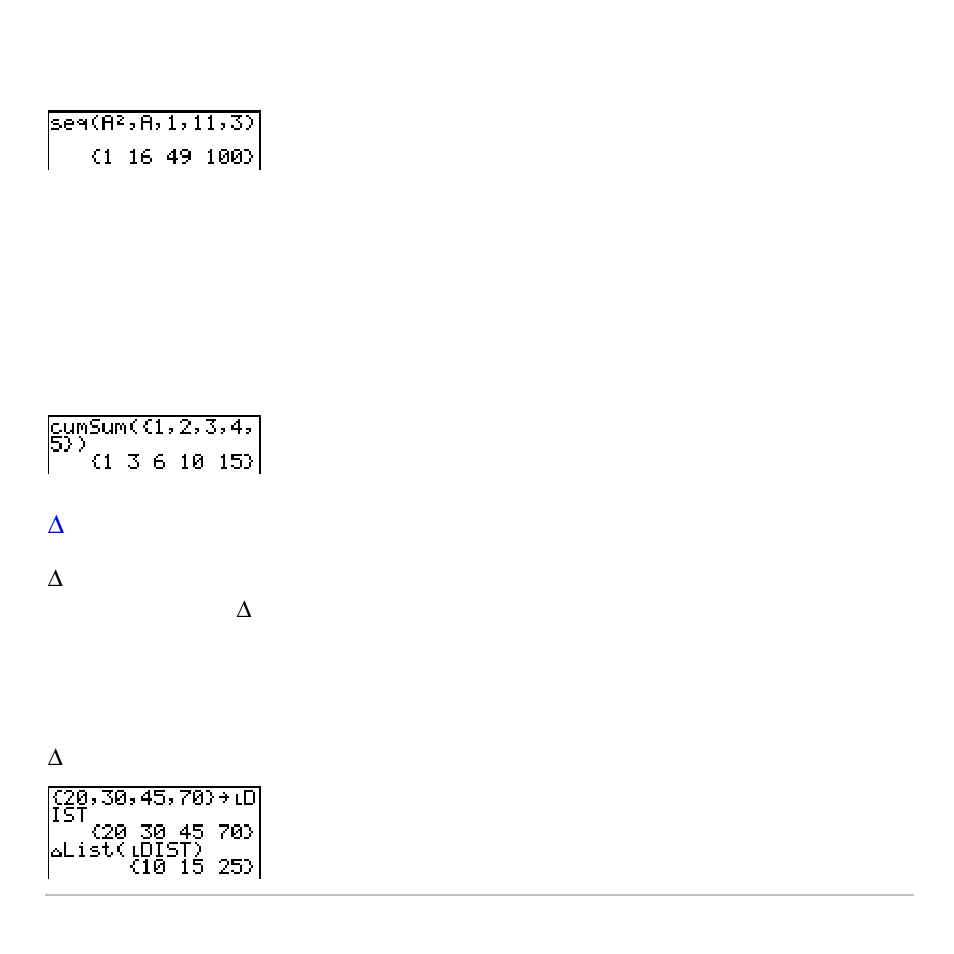 Cumsum, Delta list | Texas Instruments TI-83 PLUS User Manual | Page 306 / 827