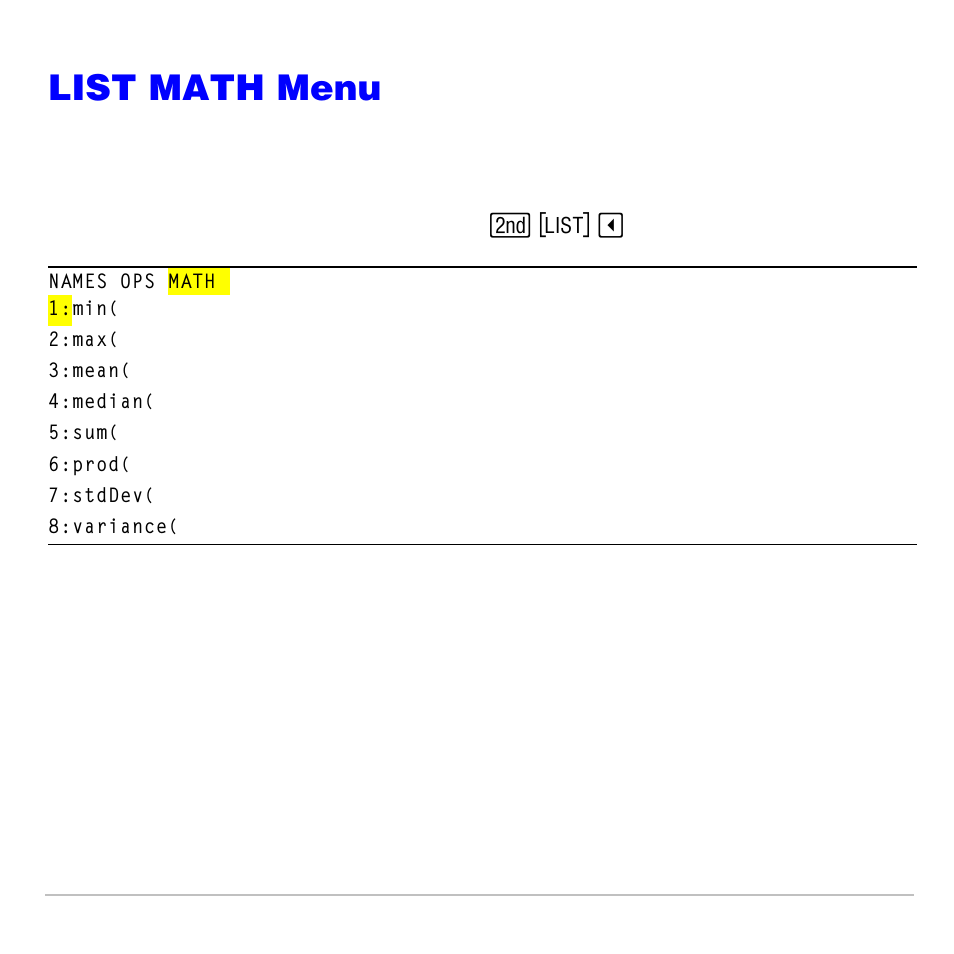 List math menu, Min(, max | Texas Instruments TI-83 PLUS User Manual | Page 314 / 827