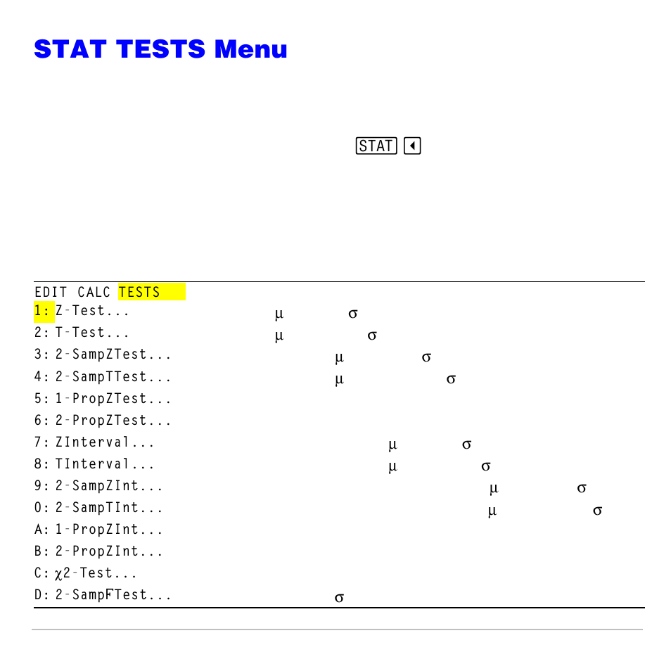 Stat tests menu | Texas Instruments TI-83 PLUS User Manual | Page 397 / 827