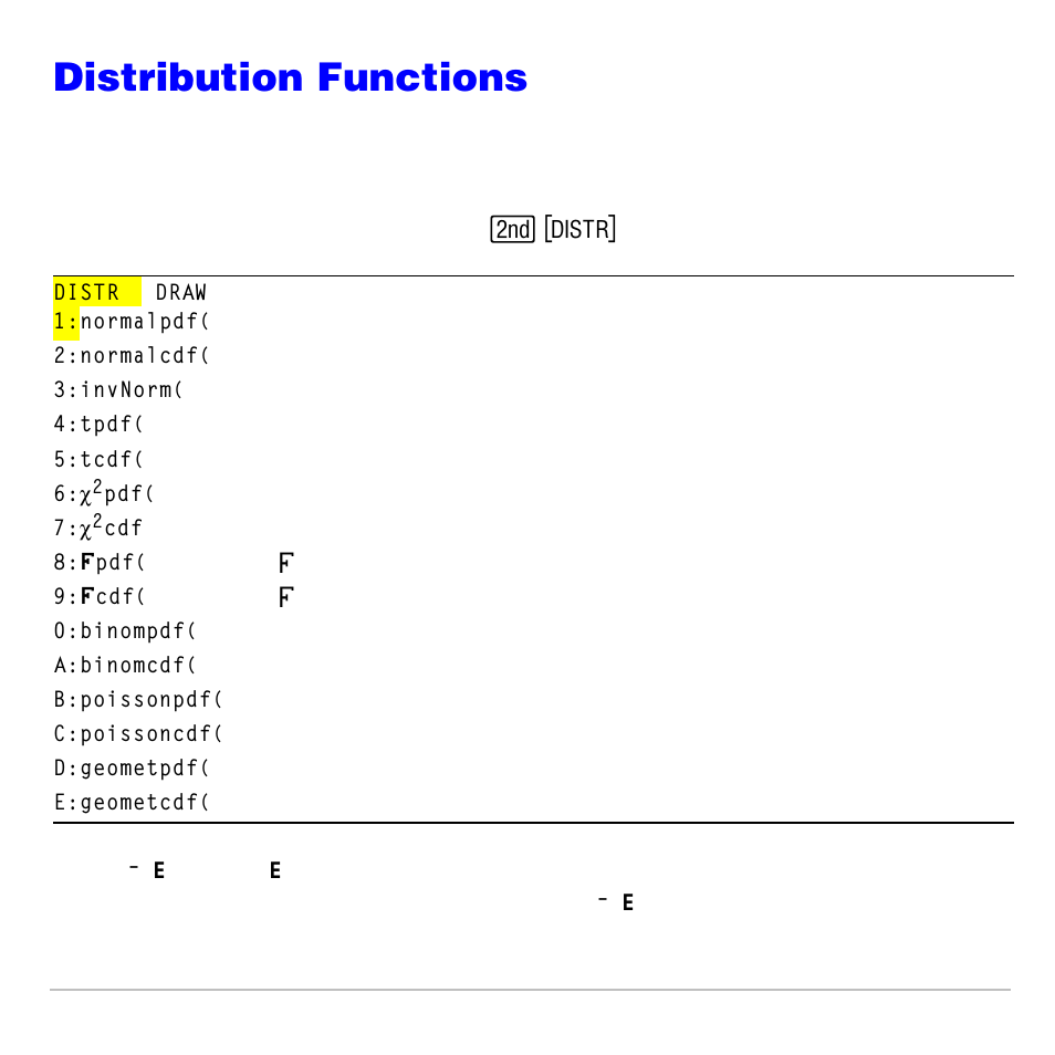 Distribution functions, Distr menu | Texas Instruments TI-83 PLUS User Manual | Page 427 / 827