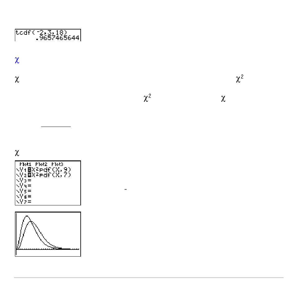 Chi ^2 pdf | Texas Instruments TI-83 PLUS User Manual | Page 431 / 827