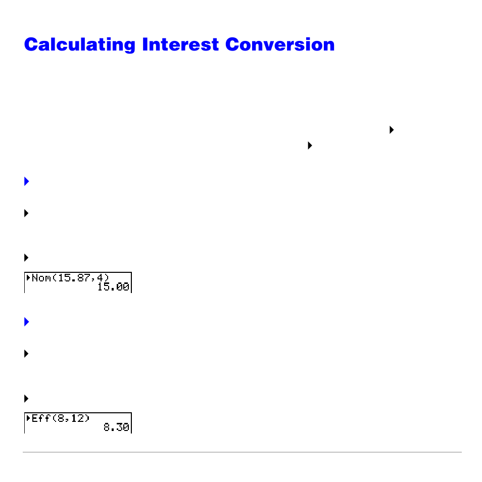 Calculating interest conversion, Calculating an interest conversion | Texas Instruments TI-83 PLUS User Manual | Page 462 / 827