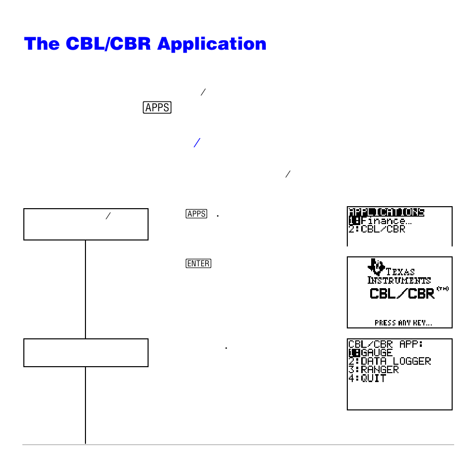 The cbl/cbr application, Steps for running the cbl/cbr application, Application already listed on the | Menu ( 9 | Texas Instruments TI-83 PLUS User Manual | Page 467 / 827