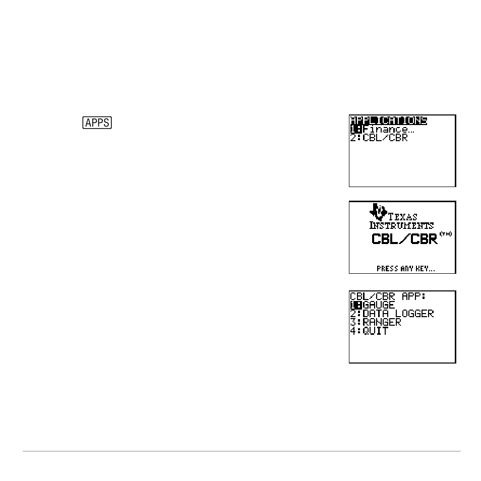 Selecting the cbl/cbr application | Texas Instruments TI-83 PLUS User Manual | Page 469 / 827