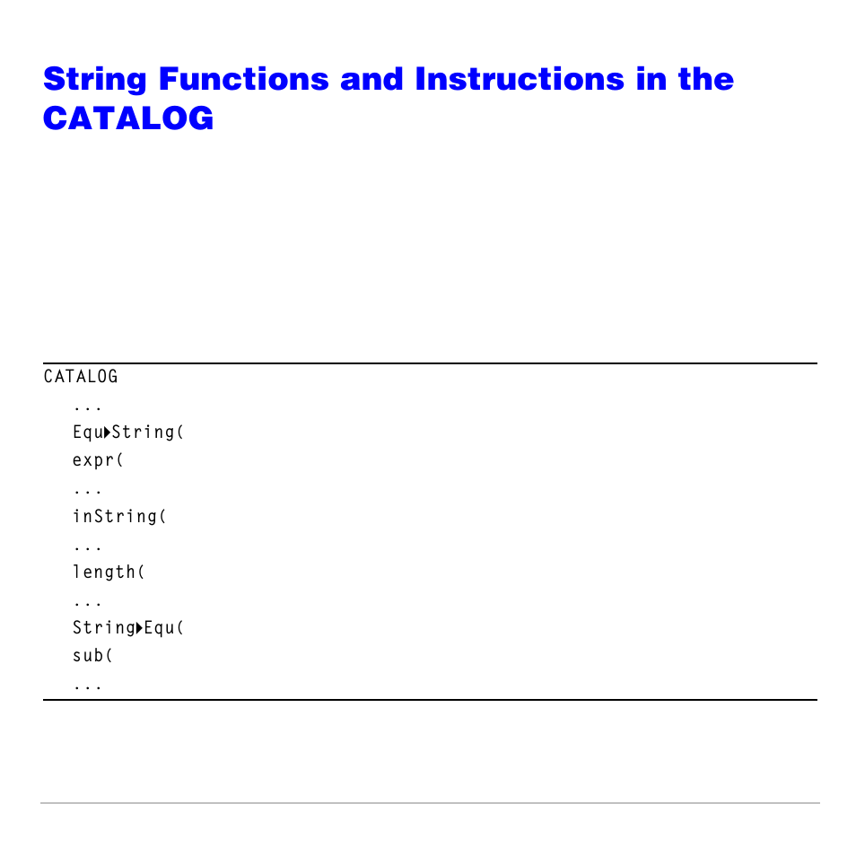 String functions and instructions in the catalog, Items | Texas Instruments TI-83 PLUS User Manual | Page 492 / 827