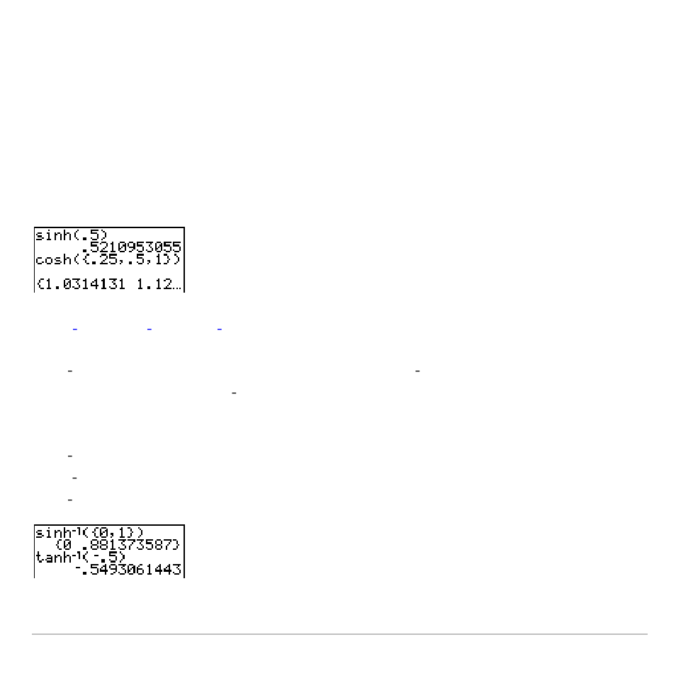 Sinh(, cosh(, tanh, Sinh^-1(, cosh^-1(, tanh^-1 | Texas Instruments TI-83 PLUS User Manual | Page 499 / 827