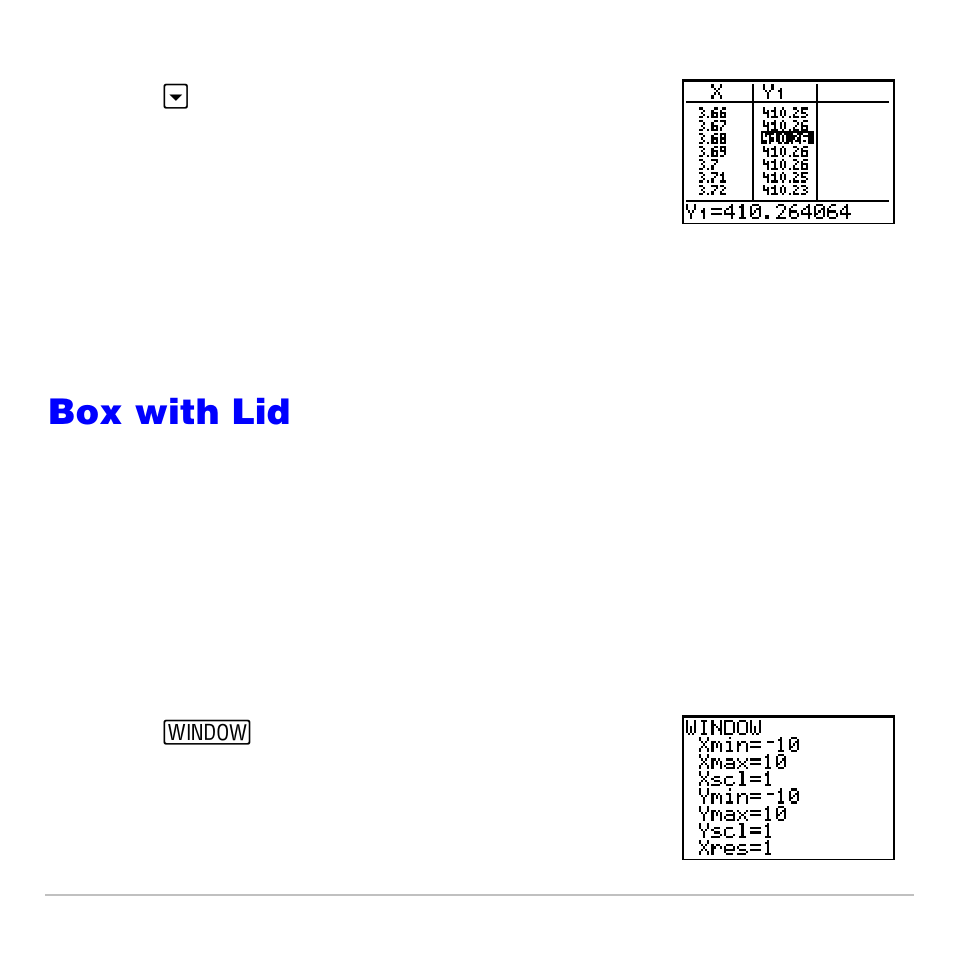 Setting the viewing window, Box with lid | Texas Instruments TI-83 PLUS User Manual | Page 554 / 827