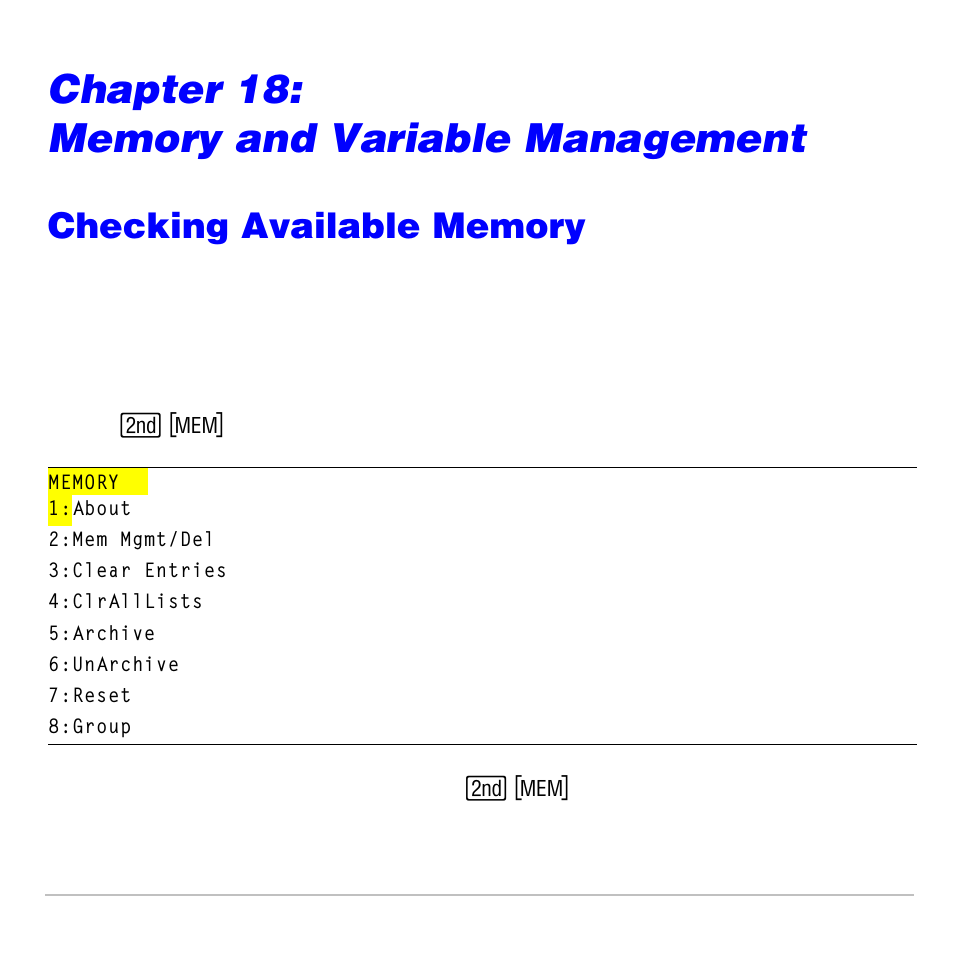 Chapter 18: memory and variable management, Checking available memory, Memory menu | Texas Instruments TI-83 PLUS User Manual | Page 599 / 827