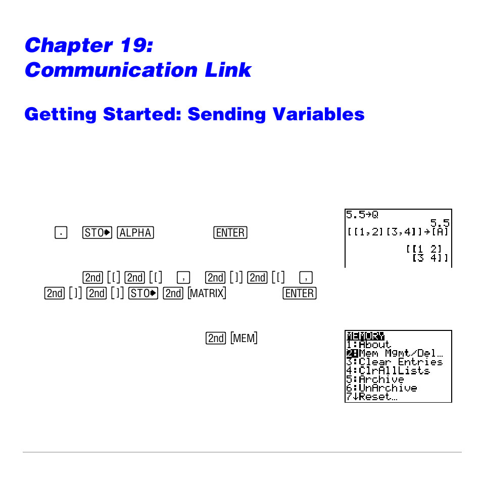 Chapter 19: communication link, Getting started: sending variables | Texas Instruments TI-83 PLUS User Manual | Page 632 / 827