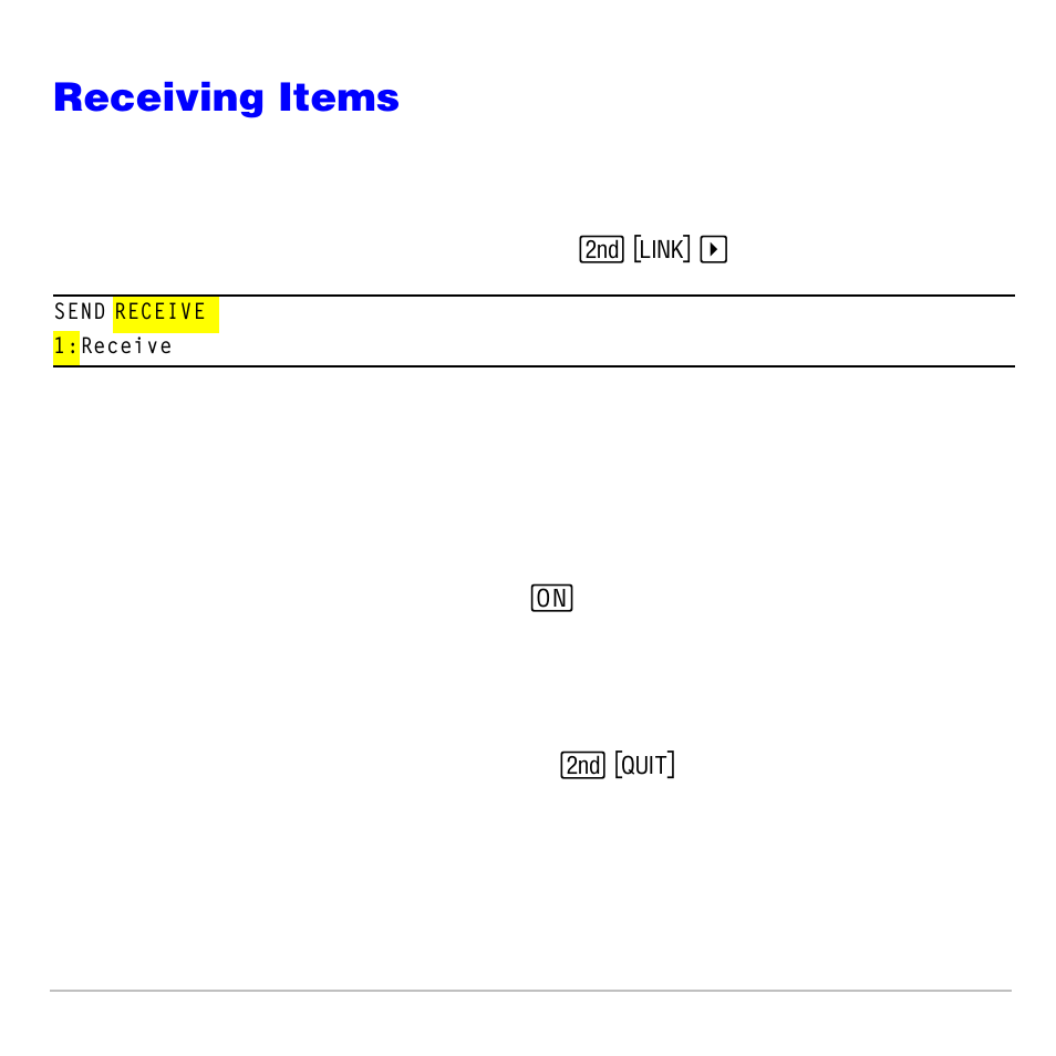 Receiving items, Link receive menu, Receiving unit | Duplicatename menu | Texas Instruments TI-83 PLUS User Manual | Page 647 / 827